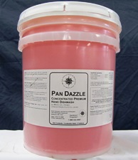 clear bucket filled with red liquid - white label - PAN DAZZLER
